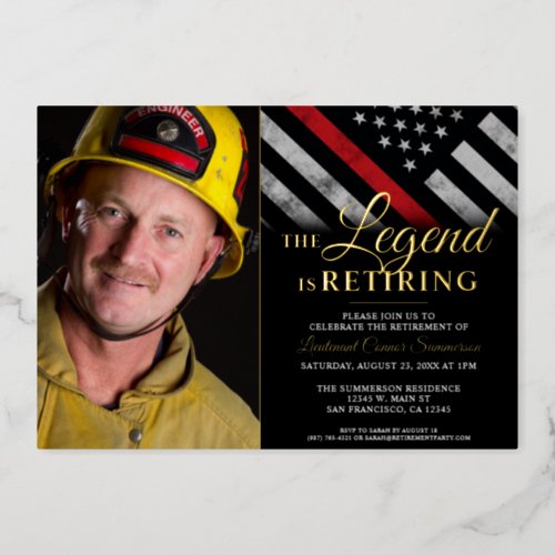 Firefighter Retirement Red Line Flag Fireman Photo Foil Invitation