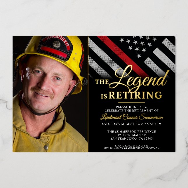 Firefighter Retirement Red Line Flag Fireman Photo Foil Invitation (Front)
