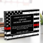 Firefighter Retirement Thin Red Line Anniversary  Acrylic Award<br><div class="desc">Celebrate and show your appreciation to an outstanding Firefighter with this Thin Red Line Award - American flag design in Firefighter Flag colors , distressed design. Personalize this firefighter retirement award with fireman name, text with fire department , fire station, name and community, and date of retirement. This thin red...</div>