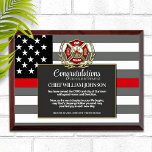 Firefighter Retirement Thin Red Line Award Plaque<br><div class="desc">Classic thin red line firefighter flag and gold Maltese cross & laurel wreath design for this beautiful retirement keepsake. Be sure to edit all the text fields to make it 100% personalized.</div>
