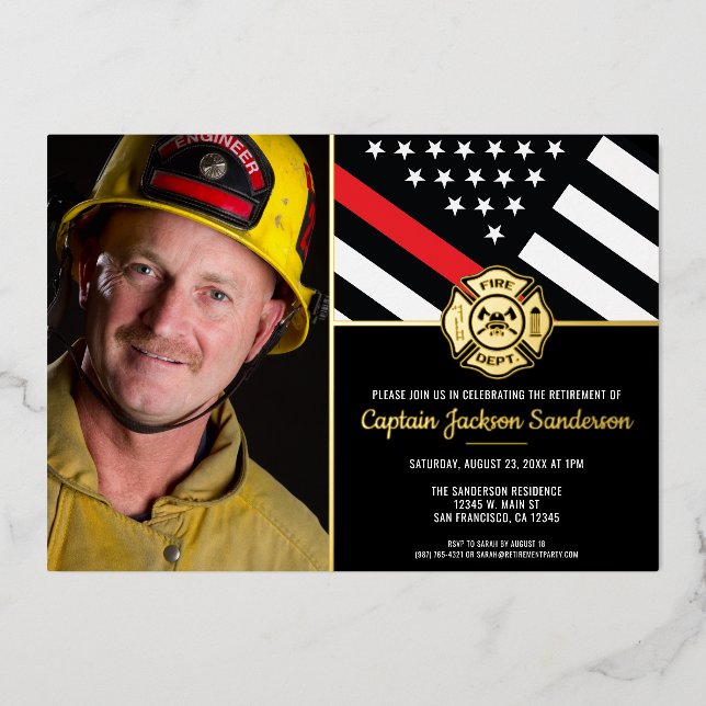 Firefighter Retirement Thin Red Line Fireman Photo Foil Invitation (Front)