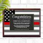 Firefighter Retirement Thin Red Line Flag Award Plaque<br><div class="desc">Classic thin red line firefighter flag in the background of this beautiful retirement keepsake. Be sure to edit all the text fields to make it 100% personalized.</div>