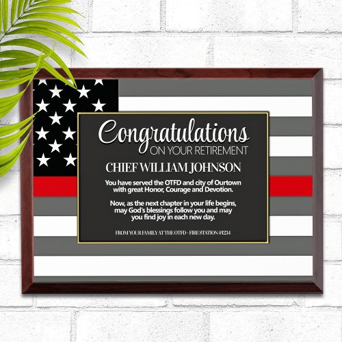 Firefighter Retirement Thin Red Line Flag Award Plaque