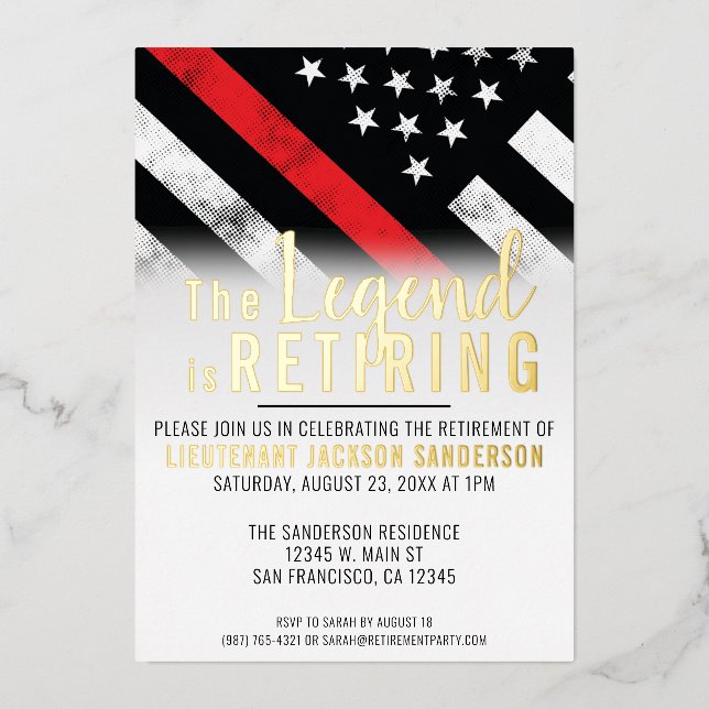 Firefighter Retirement Thin Red Line Flag Fireman Foil Invitation (Front)