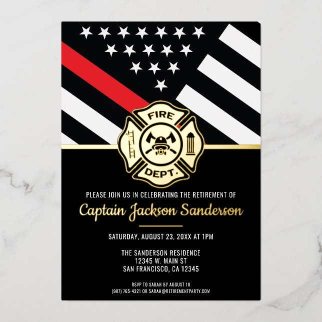 Firefighter Retirement Thin Red Line Flag Fireman Foil Invitation (Front)