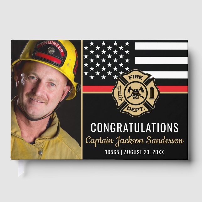 Firefighter Retirement Thin Red Line Flag Photo Guest Book (Front)