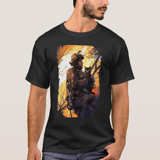Firefighter Saving A Cat - Firefighter & Fireman T-Shirt (Front)