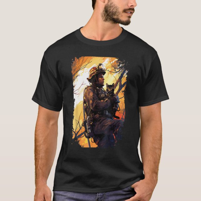 Firefighter Saving A Cat - Firefighter & Fireman T-Shirt (Front)
