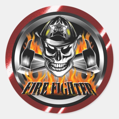 Firefighter Skull 4 and Flaming Axes Classic Round Sticker