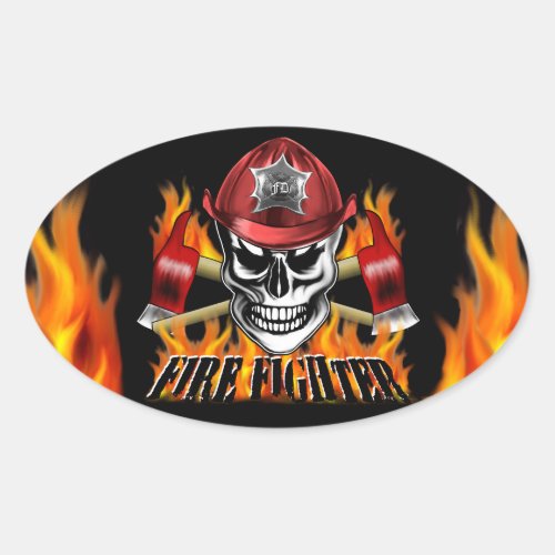 Firefighter Skull 4 and Flaming Axes Oval Sticker