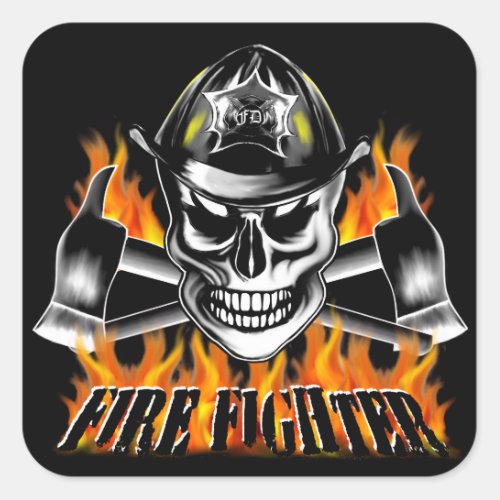 Firefighter Skull 4 and Flaming Axes Square Sticker