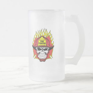 Firefighter Skull Frosted Glass Beer Mug
