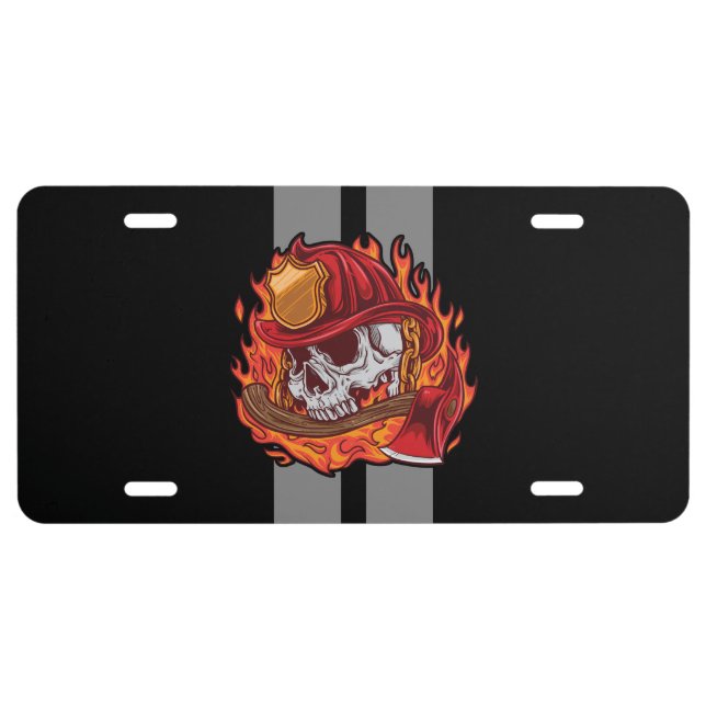 Firefighter Skull Grey Race Stripes License Plate (Front)