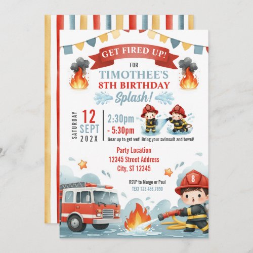 Firefighter Splash Boys Summer Birthday Pool Party Invitation