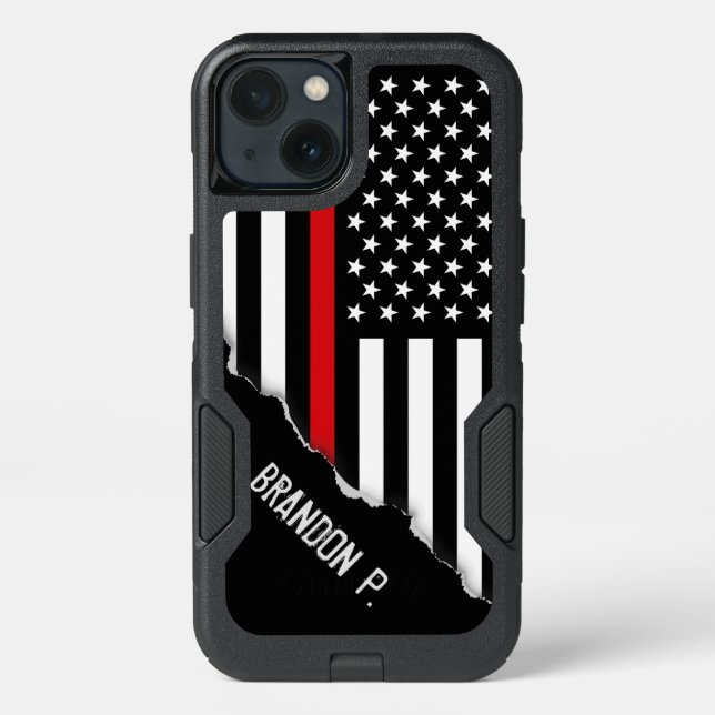 Firefighter Style | Thin Red Line Flag Custom Name Otterbox iPhone Case (Back)