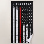 Firefighter Styled American Flag Custom Beach Towel<br><div class="desc">A custom name distressed style Firefighter flag beach towel.  The thin red line running across the entire towel is representative of American Firefighters and fire rescue.  Follow the directions in the sidebar to add a name and to have it look perfect over the flag.</div>