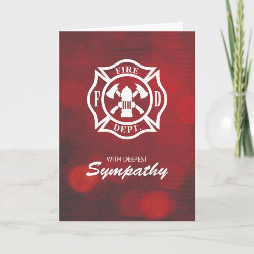 Firefighter Sympathy Emblem on Red Bokeh Card