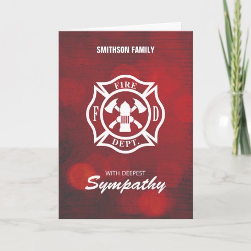 Firefighter Sympathy Emblem on Red Bokeh Card