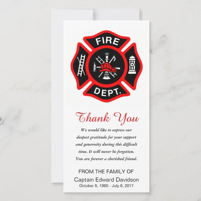 Firefighter Sympathy Thank You Maltese Cross Card (Front)