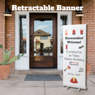 Firefighter Theme Bilingual Birthday Boy Retractable Banner