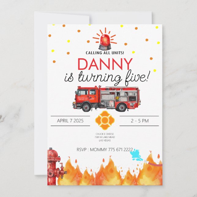 Firefighter Theme Birthday Invitation Card (Front)