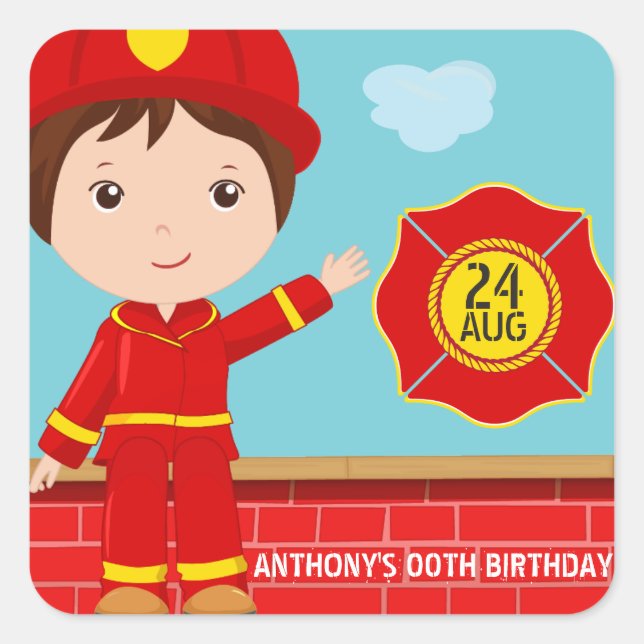 Firefighter themed Birthday Party Guest Favor Square Sticker (Front)