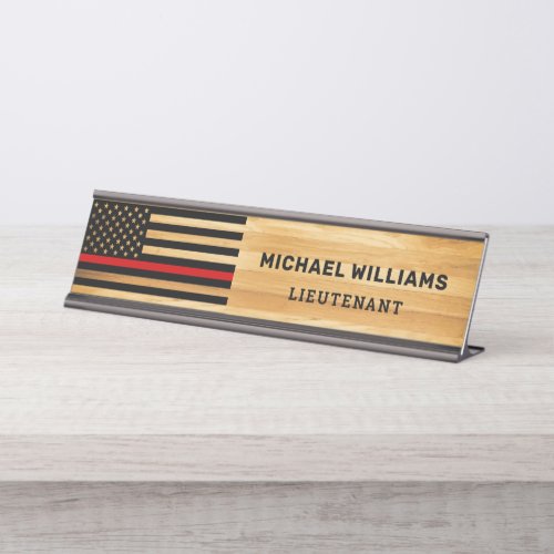 Firefighter Thin Red Line America Flag Rustic Wood Desk Name Plate