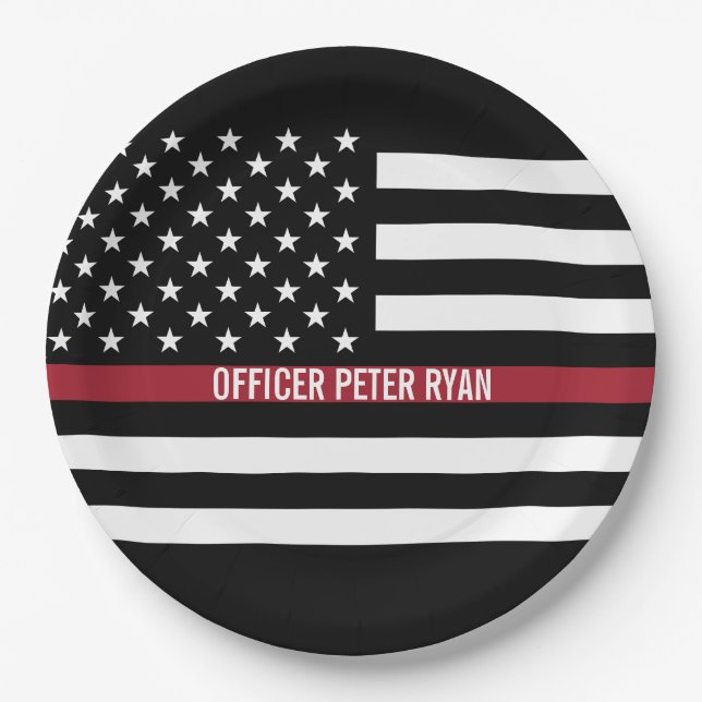 Firefighter Thin Red Line American Flag Add Name Paper Plates (Front)