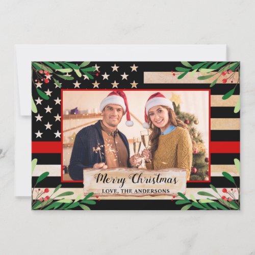 Firefighter Thin Red Line American Flag Christmas Holiday Card