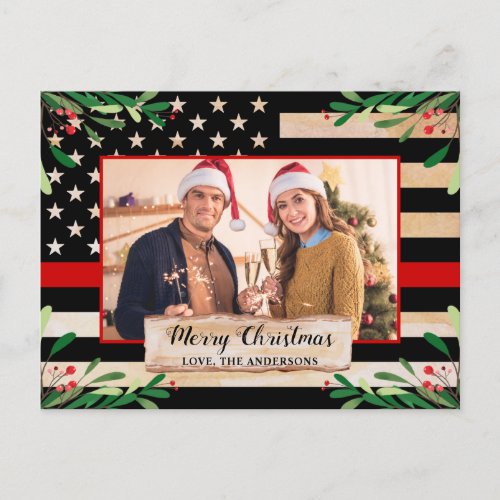 Firefighter Thin Red Line American Flag Christmas Holiday Postcard