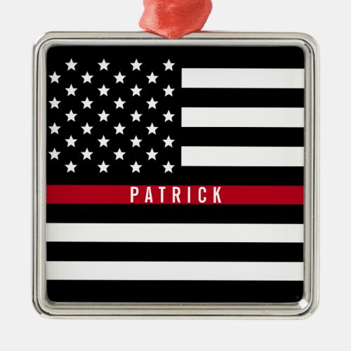 Firefighter Thin Red Line American Flag Monogram Metal Ornament