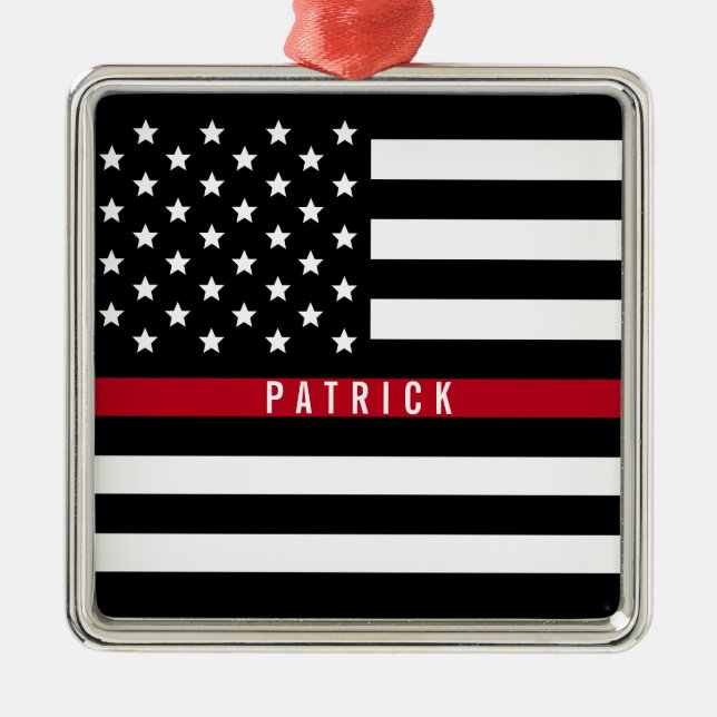 Firefighter Thin Red Line American Flag Monogram Metal Ornament (Front)