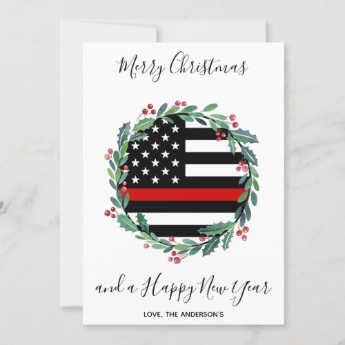 Firefighter Thin Red Line Christmas Wreath Holiday Card