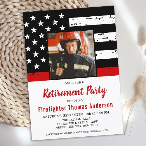 Firefighter Thin Red Line Custom Photo Retirement Invitation