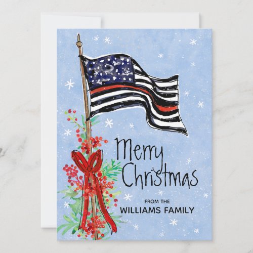 Firefighter Thin Red Line Flag Holly Red Berries Holiday Card