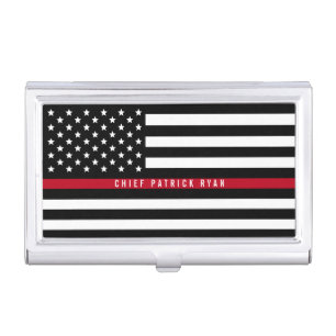 Firefighter Thin Red Line Flag Monogram Name Business Card Case