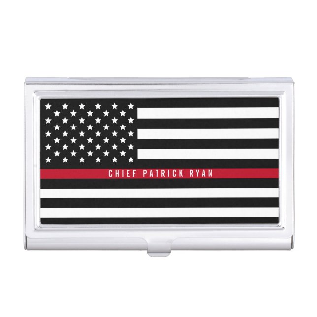 Firefighter Thin Red Line Flag Monogram Name Business Card Case (Front)