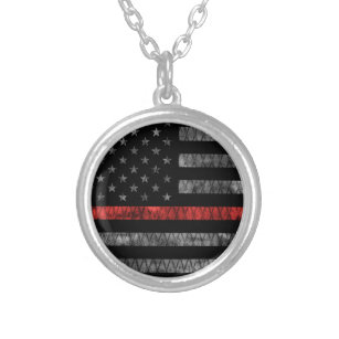 Firefighter Thin Red Line Flag Silver Plated Necklace