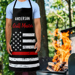 Firefighter Thin Red Line Grill Master BBQ Apron<br><div class="desc">Thin Blue Line Firefighter Apron - USA American flag design in Firefighter Flag colors, distressed design . This personalized firefighter apron is perfect for birthdays, Christmas, police retirement gifts, or fathers day for your fireman. Perfect for all firefighters, fire rescue volunteers and firemen family and supporters. Personalize with name. COPYRIGHT...</div>