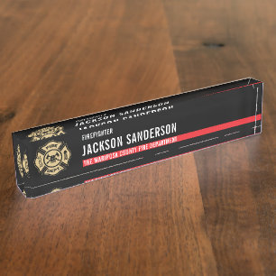 Firefighter Thin Red Line Logo Fire Department Desk Name Plate