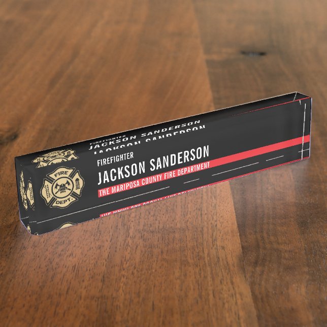 Firefighter Thin Red Line Logo Fire Department Desk Name Plate (Side)