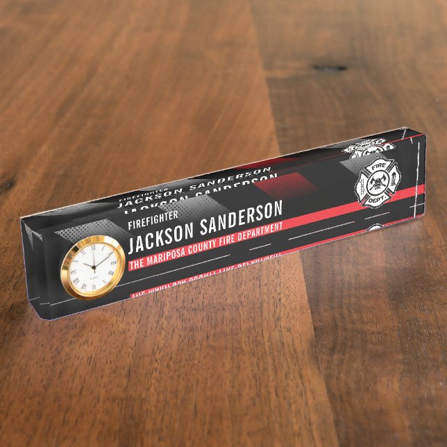 Firefighter Thin Red Line Logo Fire Department Desk Name Plate (Side)