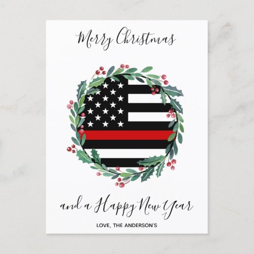 Firefighter Thin Red Line Modern Christmas Wreath Holiday Postcard