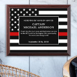 Firefighter Thin Red Line Retirement Anniversary Award Plaque<br><div class="desc">Celebrate and show your appreciation to an outstanding Firefighter with this Thin Red Line Award - American flag design in Firefighter Flag colors , modern black red design. Personalize this firefighter retirement award with fireman name, text with fire department , fire station, name and community, and date of retirement. This...</div>