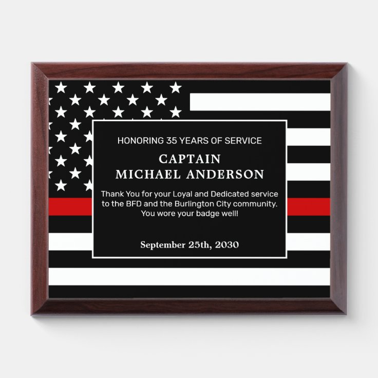 Firefighter Thin Red Line Retirement Anniversary Award Plaque | Zazzle