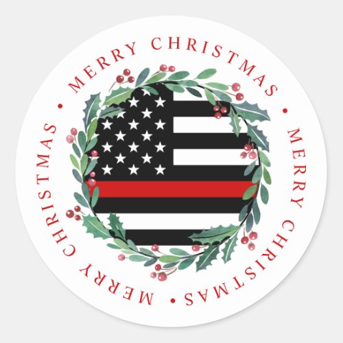 Firefighter Thin Red Line Wreath Merry Christmas Classic Round Sticker