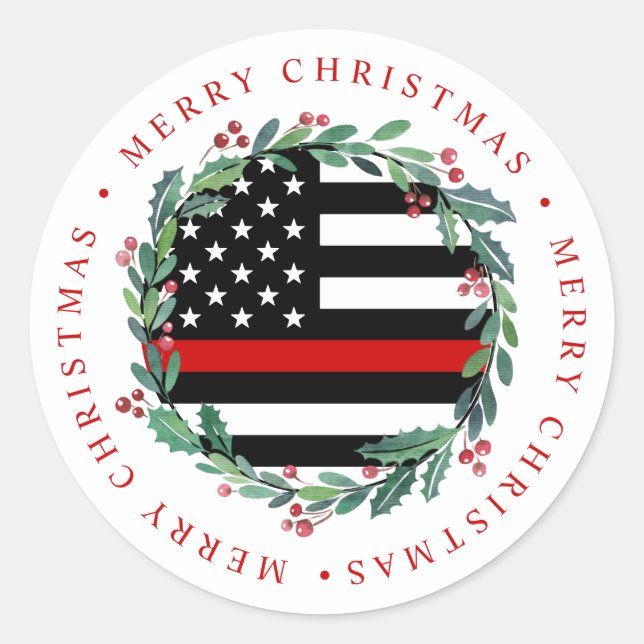 Firefighter Thin Red Line Wreath Merry Christmas Classic Round Sticker (Front)