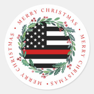 Firefighter Thin Red Line Wreath Merry Christmas Classic Round Sticker