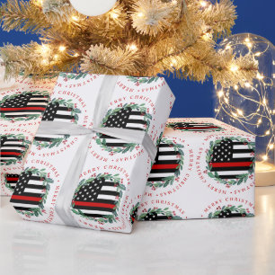 Firefighter Thin Red Line Wreath Merry Christmas Wrapping Paper