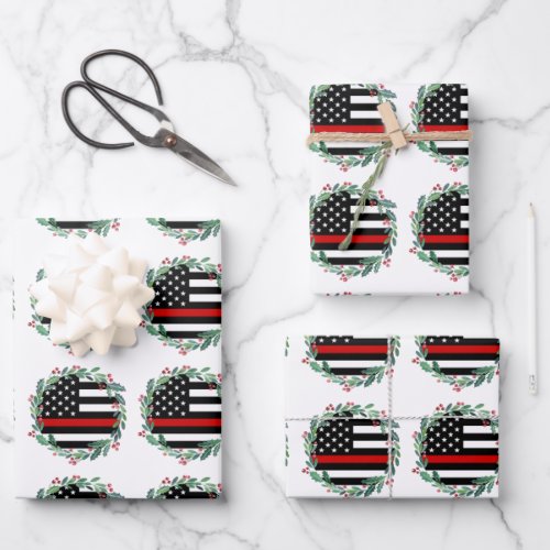 Firefighter Thin Red Line Wreath Merry Christmas Wrapping Paper Sheets
